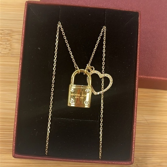 Brand New Michael Kors Gold Tone Rhinestone Heart Logo Charm Locket Necklace